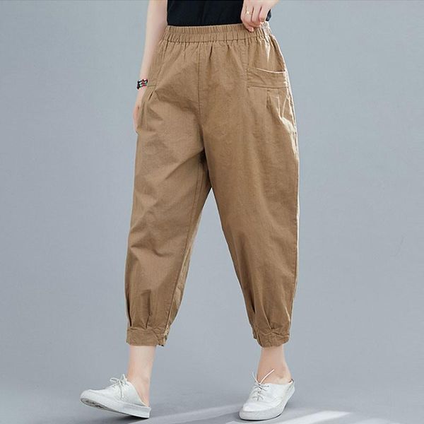

women's pants & capris women summer cotton linen harem 2021 simple style solid color elastic waist female casual calf-length s1804, Black;white