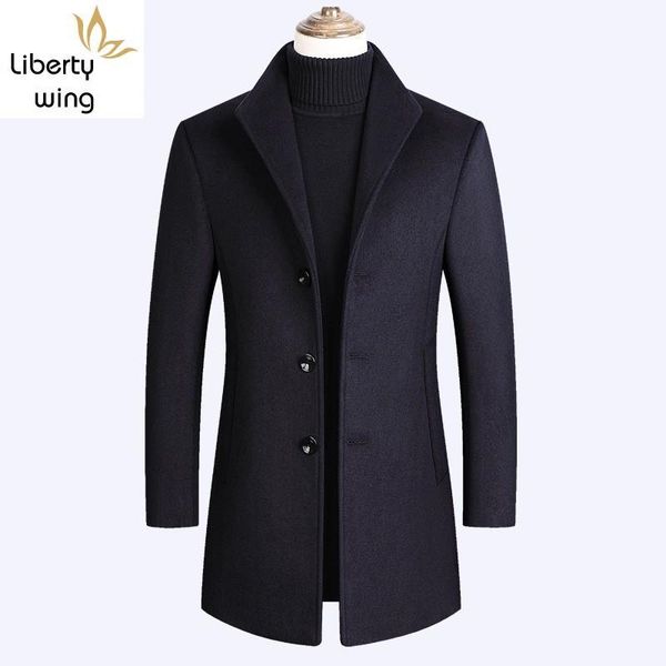 

men's wool & blends smart casual autumn winter solid mens woolen overcoats long sleeve single breasted stand collar medium length coats, Black