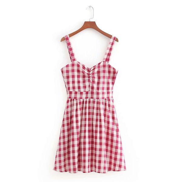 

women sweet plaid pleated sling dress backless sleeveless spaghetti strap female summer mini dresses vestidos ds870 210419, Black;gray