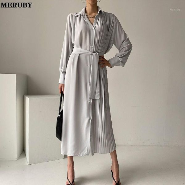 

casual dresses stylish single-breasted long shirt dress women full sleeve turn-down collar belted pleated solid elegant workwear vestid, Black;gray