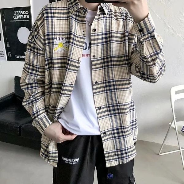 

spring/summer men's shirt hong kong style long sleeve checked student men loose large size casual shirts, White;black