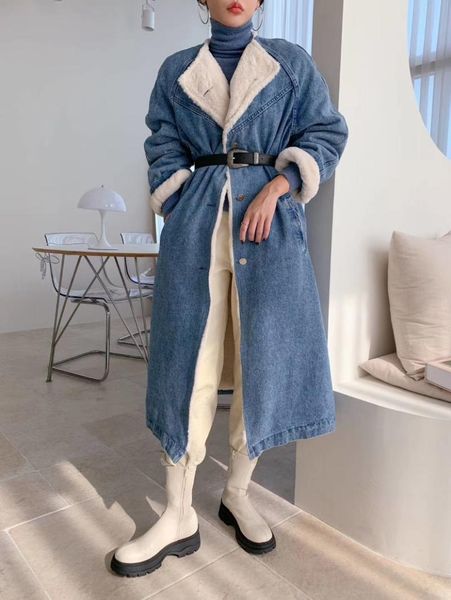 

women mid-length denim coat female winter warm furry loose padded jacket single-breasted outwear women's jackets, Black;brown