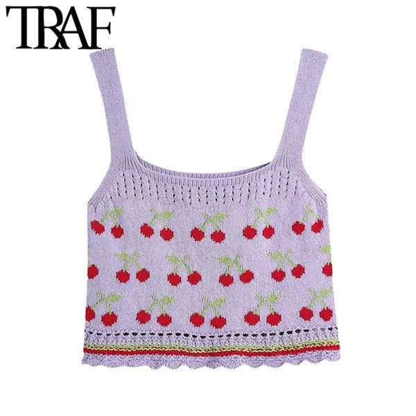 

women sweet fashion jacquard cropped knit tank vintage straight neck wide straps female camis mujer 210507, White
