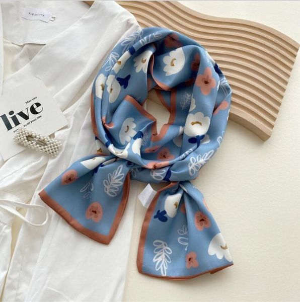 

scarves 2021 summer autumn women's long skiny hair satin scarf square women flower florals printed bag handle scarfs, Blue;gray