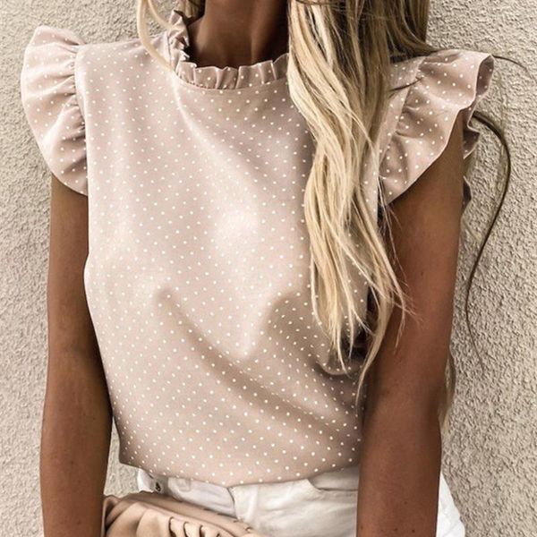 

women's blouses & shirts summer pink dot sleeveless boho ruffle tank stand collar embroidery button slim blouse chiffon, White