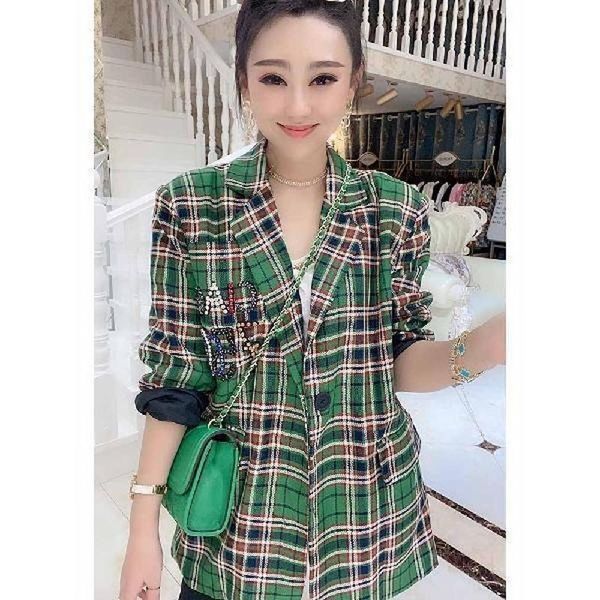 

women's suits & blazers fashion plaid loose temperament green blazer coat women colorful diamond bead jacket 2021 autumn street plus si, White;black