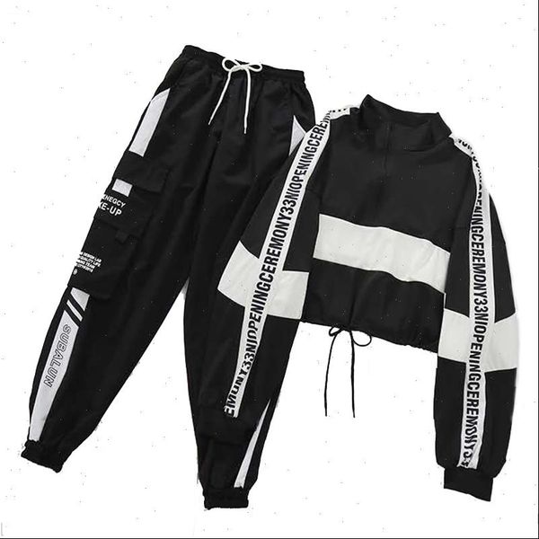 

autumn hip hop casual sports womens pant two piece black cargo letter printed cool, Black;white