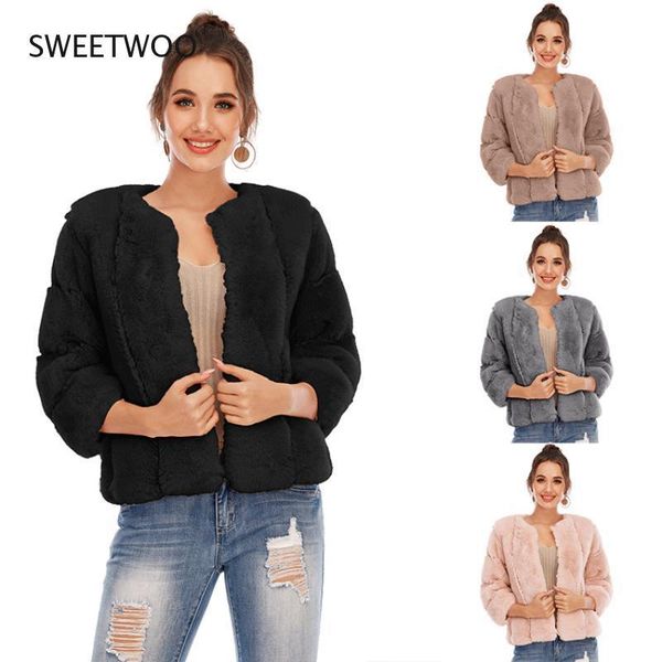 

women's fur & faux winter women coat thicken short style soft artificial furs jacket long sleeve o neck fluffy solid color overcoat, Black
