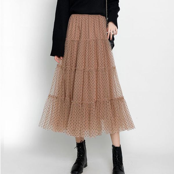 

skirts polka dotted cakee tulle maxi a-line layered patchwork tiered ankle long skirts, Black