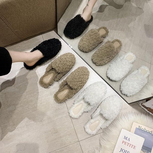 

slippers shoes woman 2021 flock female cover toe luxury slides mules fur flip flops loafers low flat designer massage, Black
