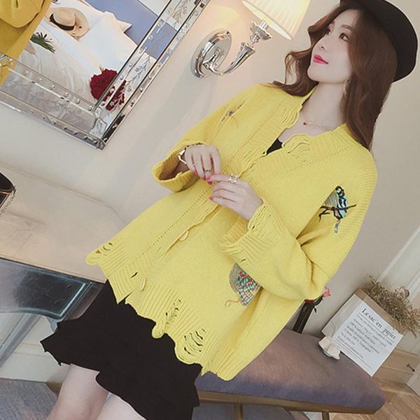 

women's sweaters hzirip casual animal embroidery holes knitted cardigans girls 2021 autumn v-neck single breasted cardigan warm, White;black