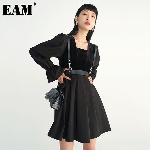 

[eam] women black pleated temperament dress square collar long puff sleeve loose fit fashion spring autumn 1dd5860 21512, Black;gray