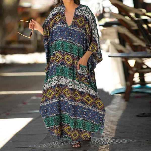 

casual dresses vonda 2021 summer dress women v neck vintage printed maxi long plus size bohemian vestidos femme beach sundress 5xl, Black;gray