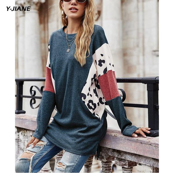

women's sweaters women long sleeve leopard sweater comfy pullover knit ladies patchwork casual knitted print, White;black