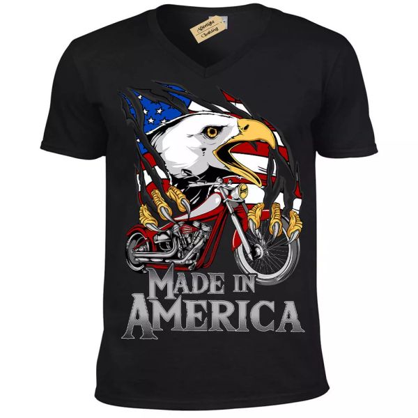 

hecho en amÃ©rica camiseta eua Ã¡guila patriota motero estados unidos hombre pico, White;black