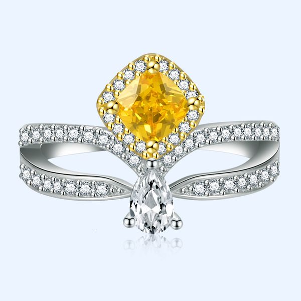 

ring crown women's simulation diamond princess micro inlaid zirconium yellow square stone coronation live, Silver