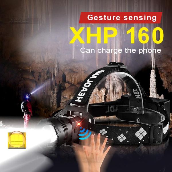 

headlamps 100000 lumens xhp160 high power led rechargeable headlamp headlight usb 18650 powerful sensor head torch camping fishing light