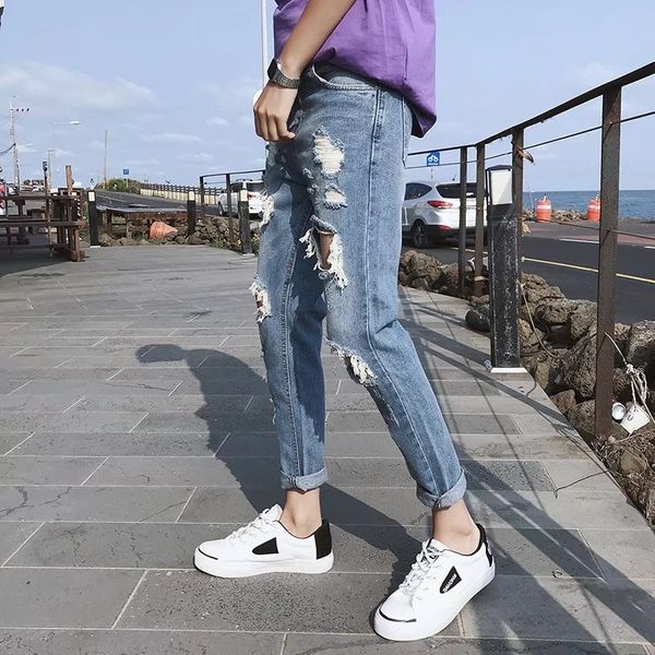 

men's jeans summer fashion casual thin korean big hole trend slim feet scraped ankle length beggar pants ihmo, Blue