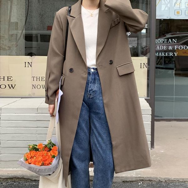 

women's wool & blends vintage brown long jacket for women autumn winter 2021 thicken windbreaker coats ladies korean fashion streetwear, Black