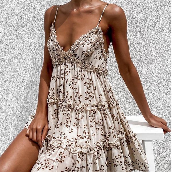 

boho summer floral print womens dresses ruffle spaghetti a line v neck mini holiday beachwear vestidos, Black;gray
