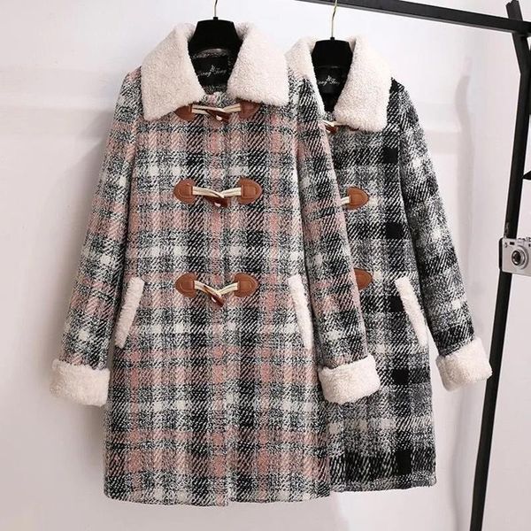 

women's wool & blends winter thicken tweed long woolen coats vintage plaid horn button elegant slim overcoat large size chic girls kore, Black
