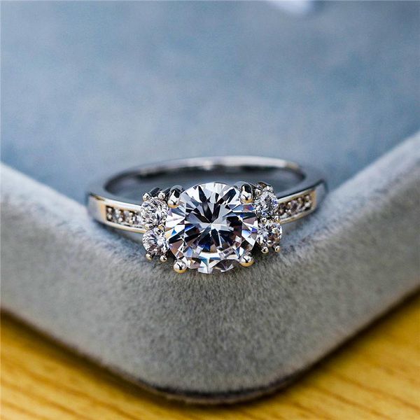 

cluster rings luxury female round zircon finger ring romantic love engagement for women elegant silver color solitaire, Golden;silver