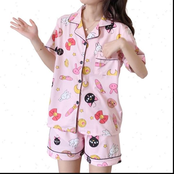 

cotton pajamas set turn down women sleepwear collar pyjamas short sleeves suit soft female summer cartoon luna moon homewear, Black;red