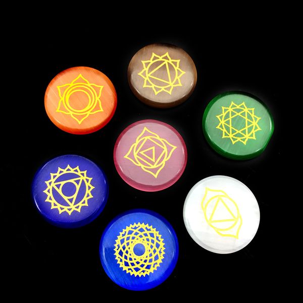 

7pcs chakra reiki crystals healing opal cat eye stone seven chakras symbols holistic energy balancing polished hand piece natural stones bea, Black