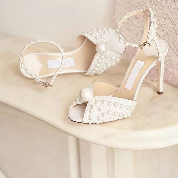 

2022ss women wedding dress bride shoes white satin platform sandals with all-over pearl embellishment sandal high heel platforms chunky heel, Black