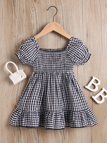 

toddler girls gingham print ruffle hem square neck a-line dress she, Red;yellow