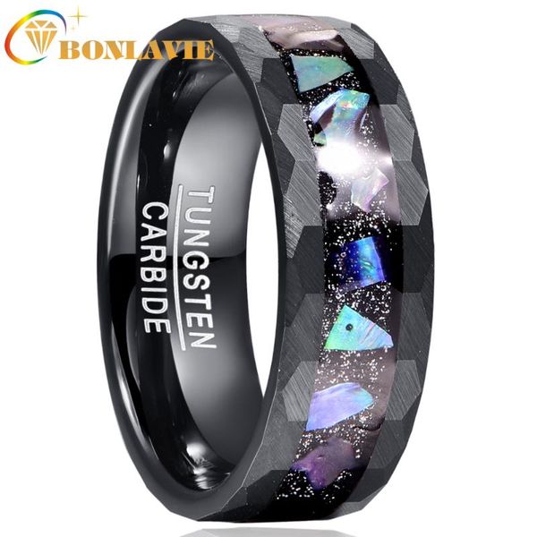

wedding rings bonlavie 8mm starry sky bottom abalone shell edge hammered lasa black tungsten carbide ring men's fashion jewelry gift, Slivery;golden