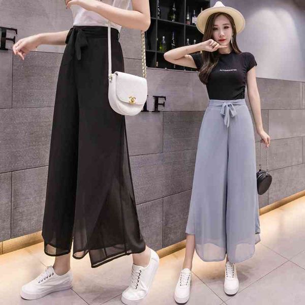 

women's pants & capris chiffon slit nine-point wide-leg pants, summer high waist drape, thin casual loose large size culottes wome, Black;white