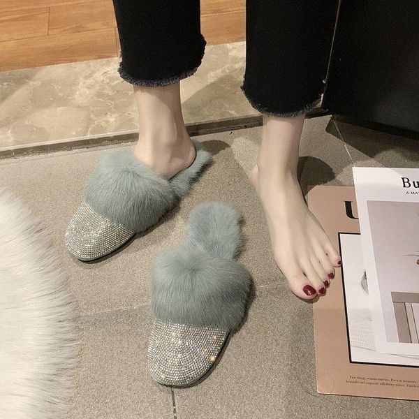 

plush slippers female 2021 style for autumn and winter fashion outer wear rhinestone baotou a pedal loafers, Black