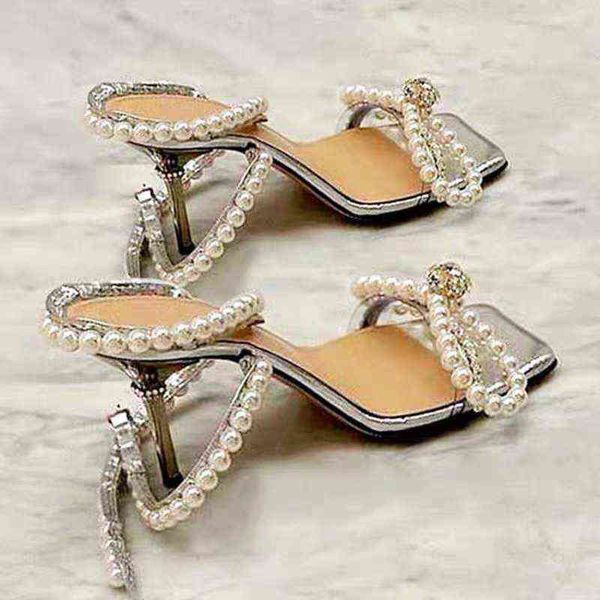 

dress shoes 2022 pearl button high heel's thin heels transparent bow fairy sandals, Black