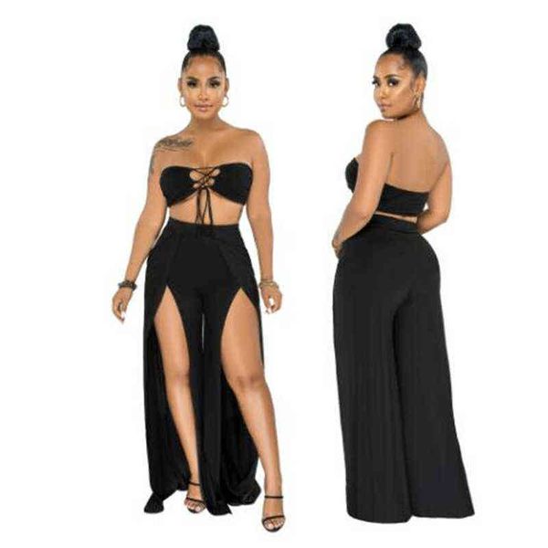 

summer women's suits soft knit tube mesh lace-up jumpsuit split wide leg pants suit clubwear 211115, Black;white