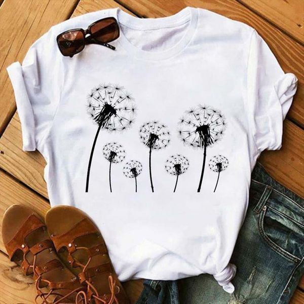 

kawaii dandelion print vogue women t shirts funny femme 90s hip hop punk hipster streetwear tees, White