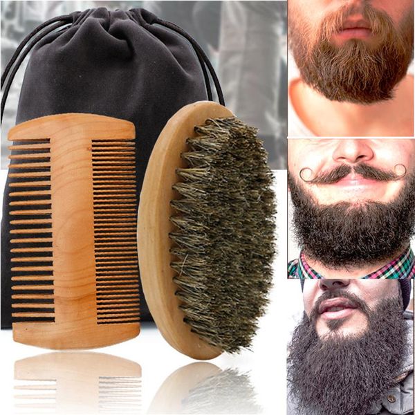 Profissional macio javali javali bristle escova de barba escova de cabeleireiro homem barbear kit de pente de bigode com saco de presente