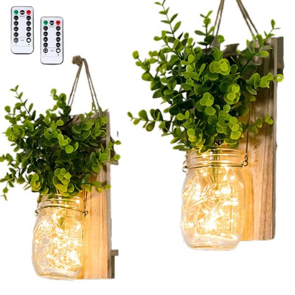 

wall lamp 2pcs rustic mason jar sconces led fairy lights flowers with remote control battery powered for country home wedding cafe
