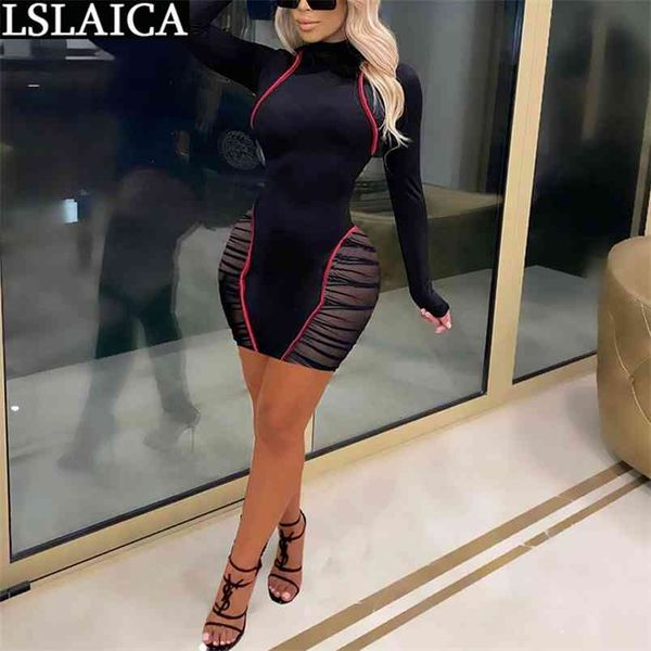 

mini dress solid fashion patchwork slim women clothing night club skinny clubwear long sleeve vestido de mujer 210515, Black;gray