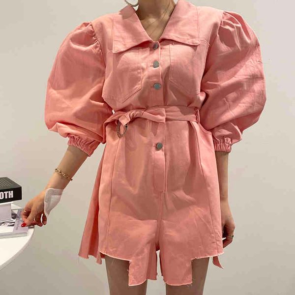 

[ewq] women new casual temperament vintage safari style white belt burr lapel single-breasted puff piece pants fashion16f1266 210423