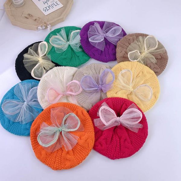 

girls caps kids hats baby hat autumn winter knitted wool cute beret crochet beanie cap lace bow children accessories, Yellow