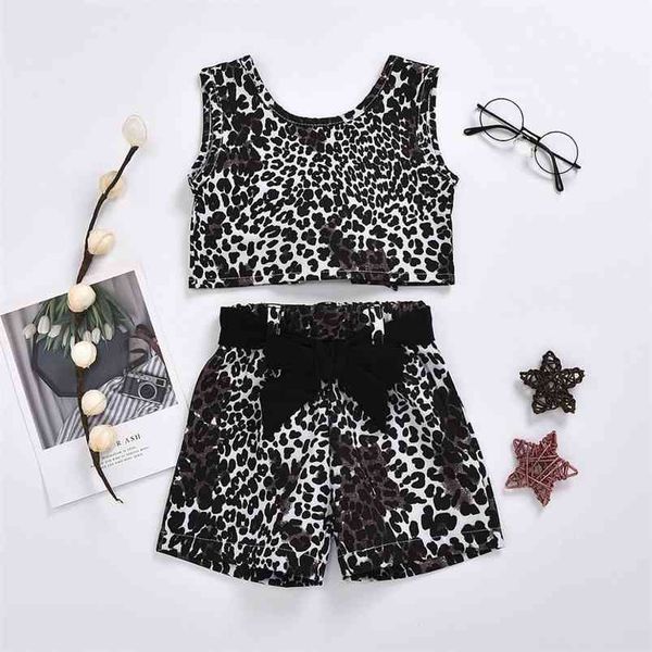

summer children sets casual sleeveless leopard bow shorts cute 2pcs girls clothes 1-5t 210629, White