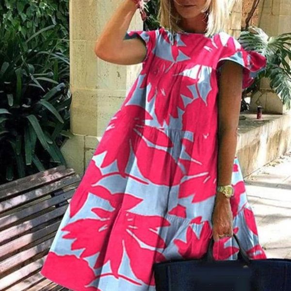 

casual a line womens dresses o neck short sleeve floral print large hem summer solid midi, Black;gray