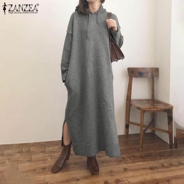 

stylish hooded hoodies dress women's split sundress 2021 autumn casaul long sleeve maxi vestidos pullovers oversized robe femme casual, Black;gray