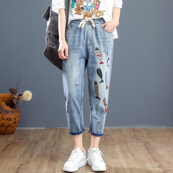 

women's jeans 2021 summer fashion korean style ladies harem pants women vintage elastic waits embroidery ripped jean femme, Blue