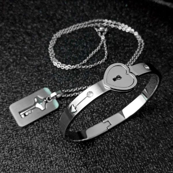 

earrings & necklace titanium puzzle couple heart lock key bracelet lover jewelry set, Silver