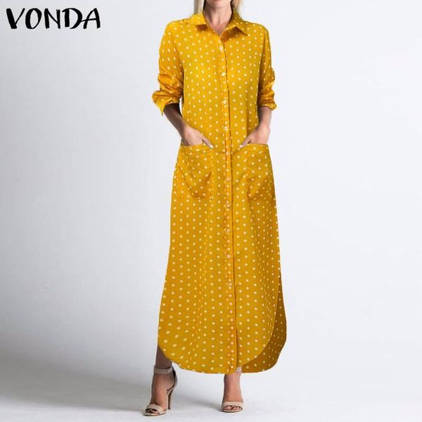 

elegant long sleeve split vestidos vonda women printed autumn sundress stylish lapel neck shirt dress polka dot loose casual dresses, Black;gray