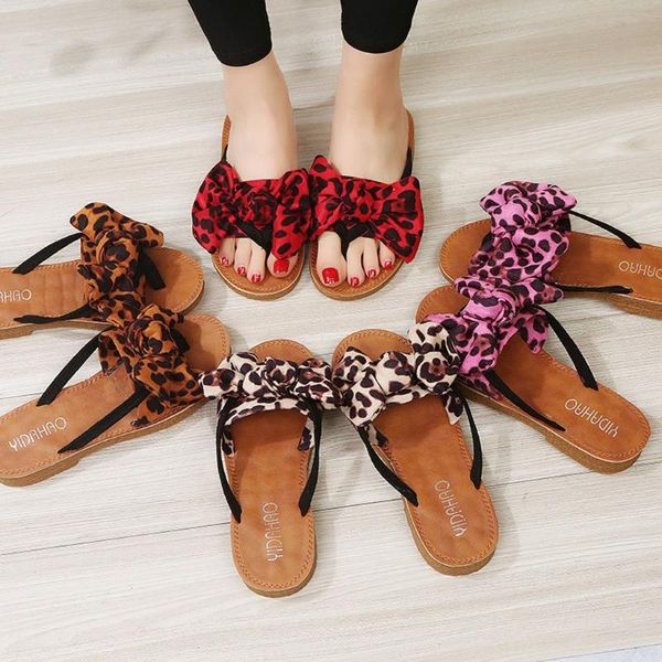 Slipper Summer Summer Bow Leopard Print Beach Flip Sandals Sandals Shoppers Shoes planos Multi Tamanho 36- 40 Drop #0319