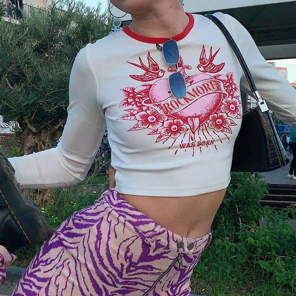 

women's t-shirt printed crop y2k aesthetic long sleeve t shirt o neck pullovers retro cute tshirt women autumn winter harajuku, White