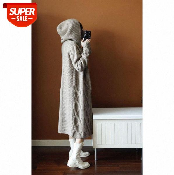 

hooded thick knitted cardigan coat, sweater long female big hat #z01d, Black;gray